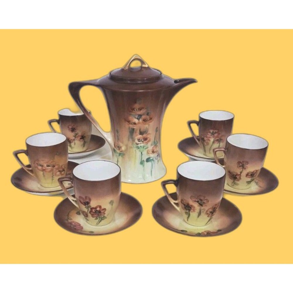 HR Hutschenreuther Selb Bavaria Poppies Chocolate Pot W/ 6 Cups & 6 Saucers